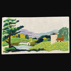 Vintage Framed Crewel Embroidery Summer Scene Erica Wilson 7215 Retro 22x12 READ